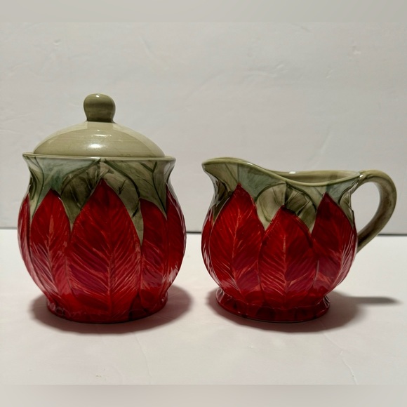 Poinsettia Creamer/Sugar & Large Serving Bowl Hand Painted Set Everyday Gibson - Picture 7 of 9